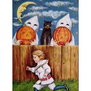 Halloween Postcard Fantasy Moon Man With Face Ghosts Black Cat Victorian Boy